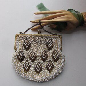 Antique Beaded Evening Purse Scrolled Seed Beads Made in France